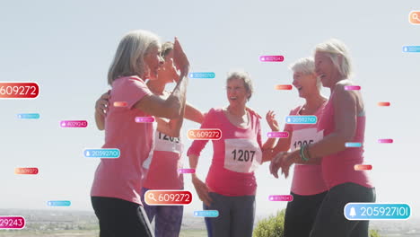 animation of social media notifications, over female runners high fiving on beach