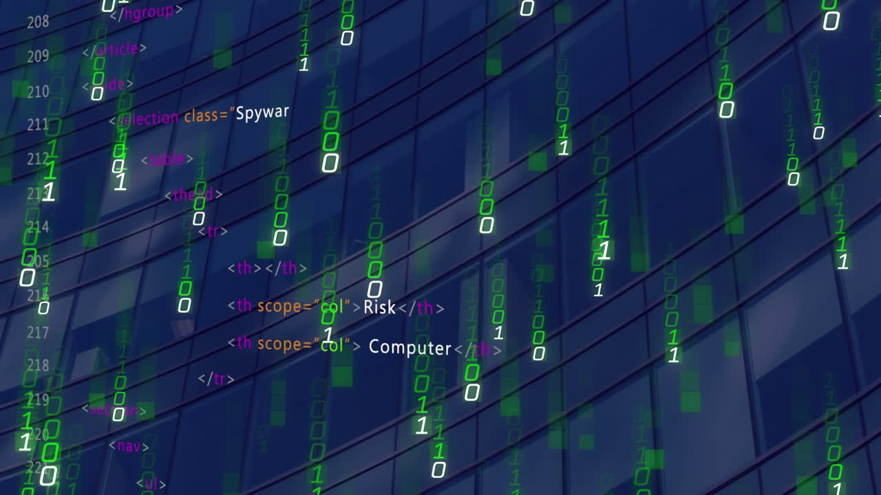 Animation of digital programming language and binary numbers moving in loop over modern building