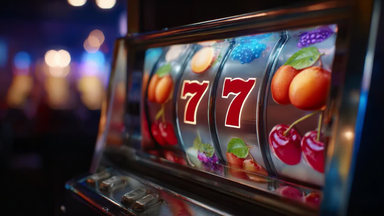 Exciting Close-Up View of a Classic Fruit-Themed Slot Machine Displaying Three Winning Sevens, Capturing the Thrill of Gambling in a Vibrant Casino Environment with Colorful Symbols and Lights