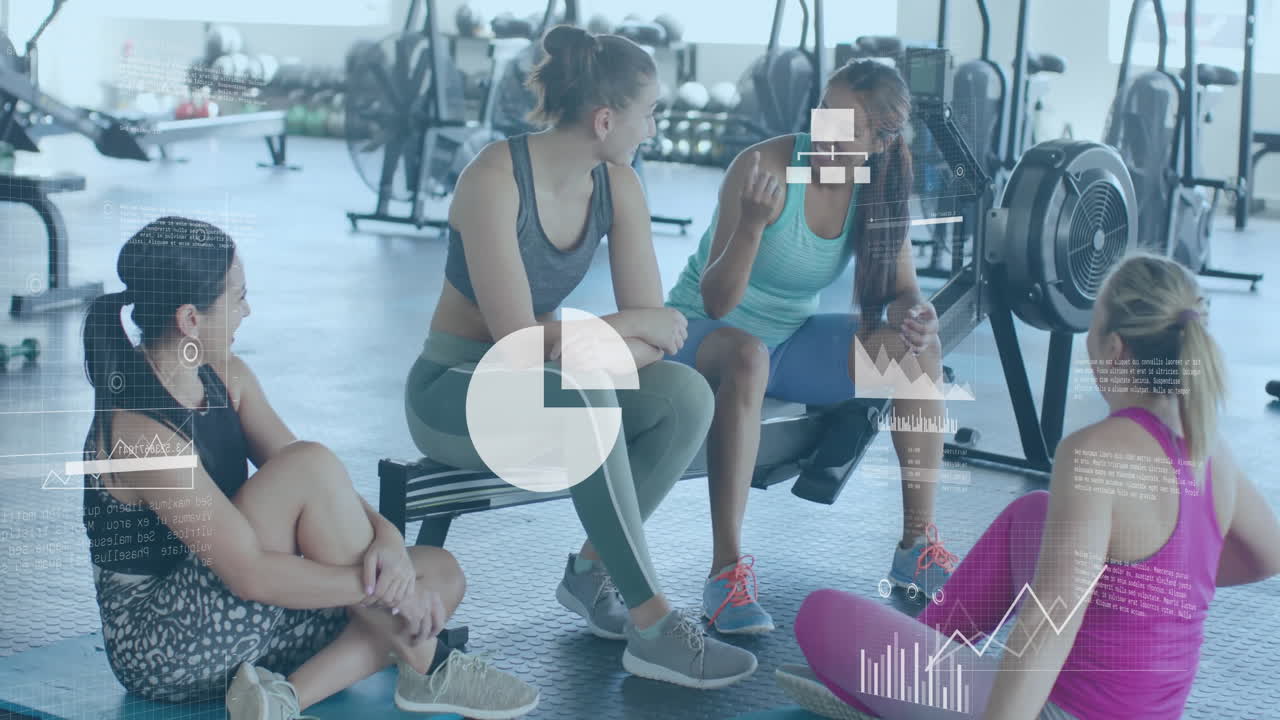 체육관에서 대화하는 다양한 여성에 대한 다이어그램과 데이터 처리의 애니메이션