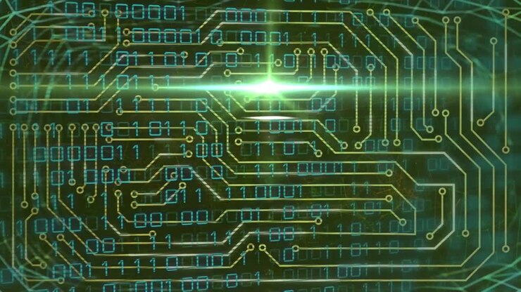 Animation of light trails over computer circuit board and data processing on black background