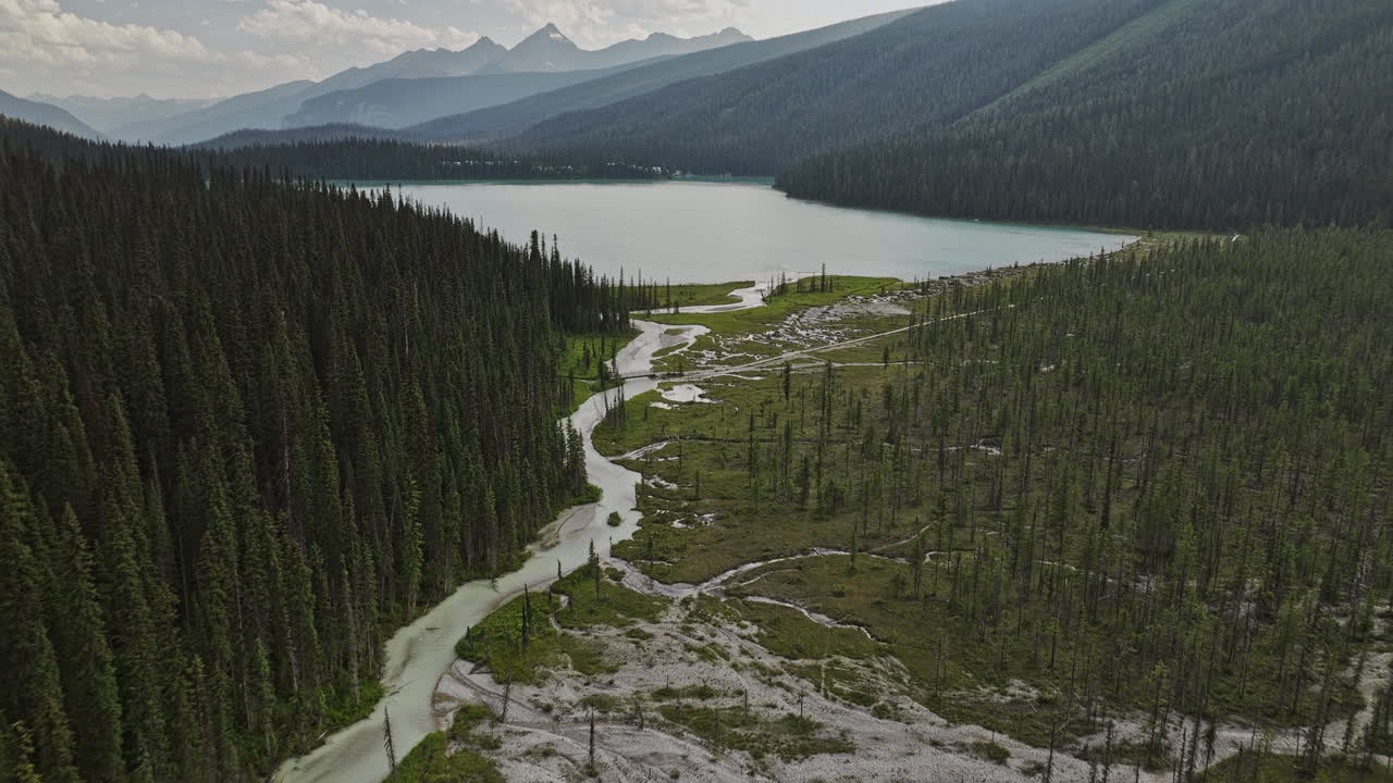 emerald lake bc canada aerial v3 cinematic drone flyover río serpenteante, el agua fluye hacia el lago rodeado de exuberantes bosques de coníferas y valles montañosos - filmado con mavic 3 pro cine - julio 2023