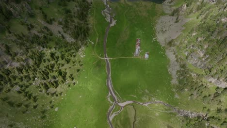 aerial tilt up shot of beautiful nature landscape with natural lake surrounded by dolomites in summer