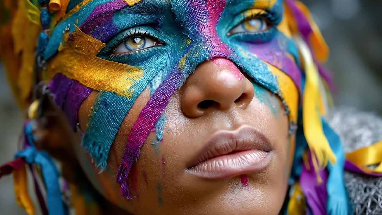 Una mujer con una pintura colorida en la cara.