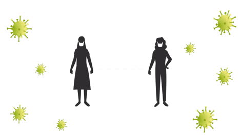 코로나 19 세포가 얼굴 마스크를 쓰고 있는 사람들의 얼굴 마스크를 떨어뜨리는 애니메이션