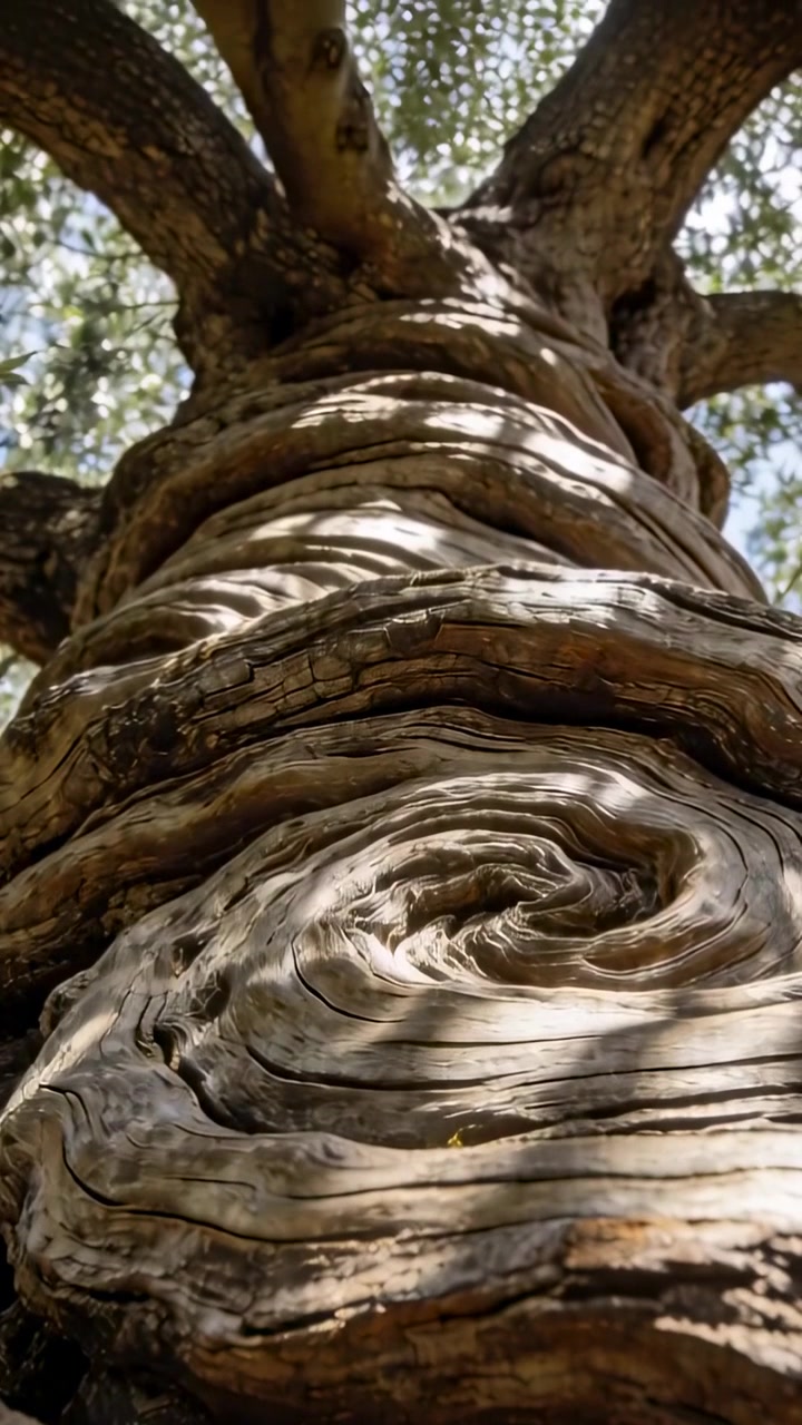 Vidéo verticale: Caméra inclinée montant le long d'un tronc d'arbre dans les bois, révélant une loupe spirale, des branches