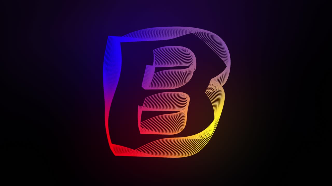 3d letra b líneas giratorias animación en fondo de gradiente oscuro abstracto gráfico de movimiento dinámico tipografía de brillo de partículas efecto visual arco iris alfabeto digital