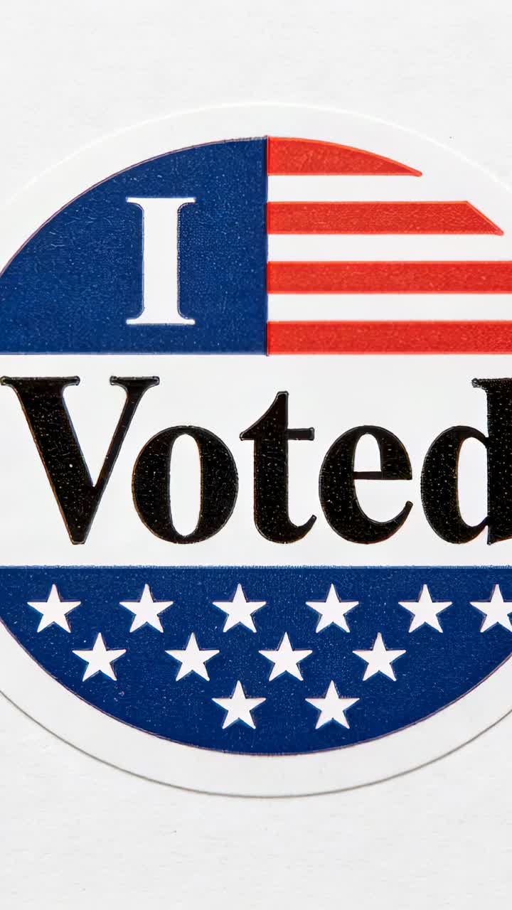 Displaying circular I Voted sticker centered on flat white surface, featuring American flag motif
