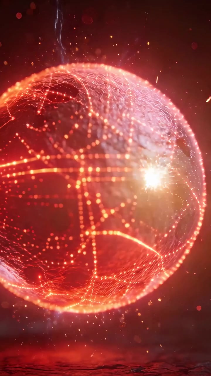 Video verticale: Sfera rossa rotante che emette scintille sopra un piano scuro, mostrando una griglia punteggiata e dei fori.