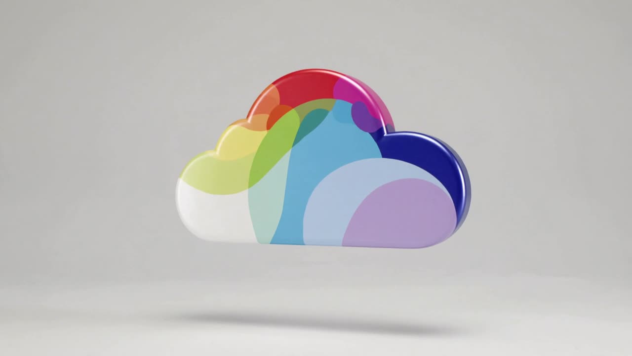 Avvio riproduzione: nuvola 3D colorata che si muove verso il centro, ruotando e crescendo, proiettando un'ombra morbida su un set grigio.