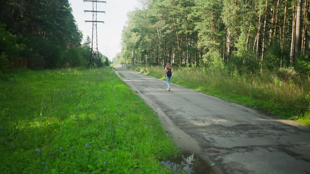 Distant view of lady walking alone near edge of cracked tarred road surrounded by tall green trees, grass, and power lines on a bright day, evoking a serene and contemplative countryside moment