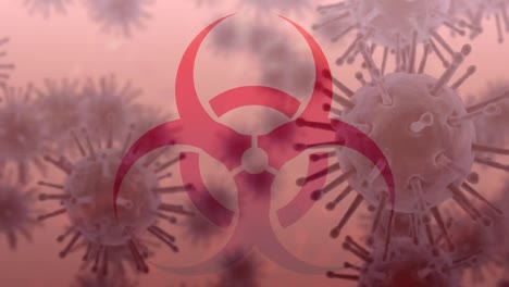 Health-hazard-sign-with-macro-Covid-19-cells-spreading-on-red-background.-