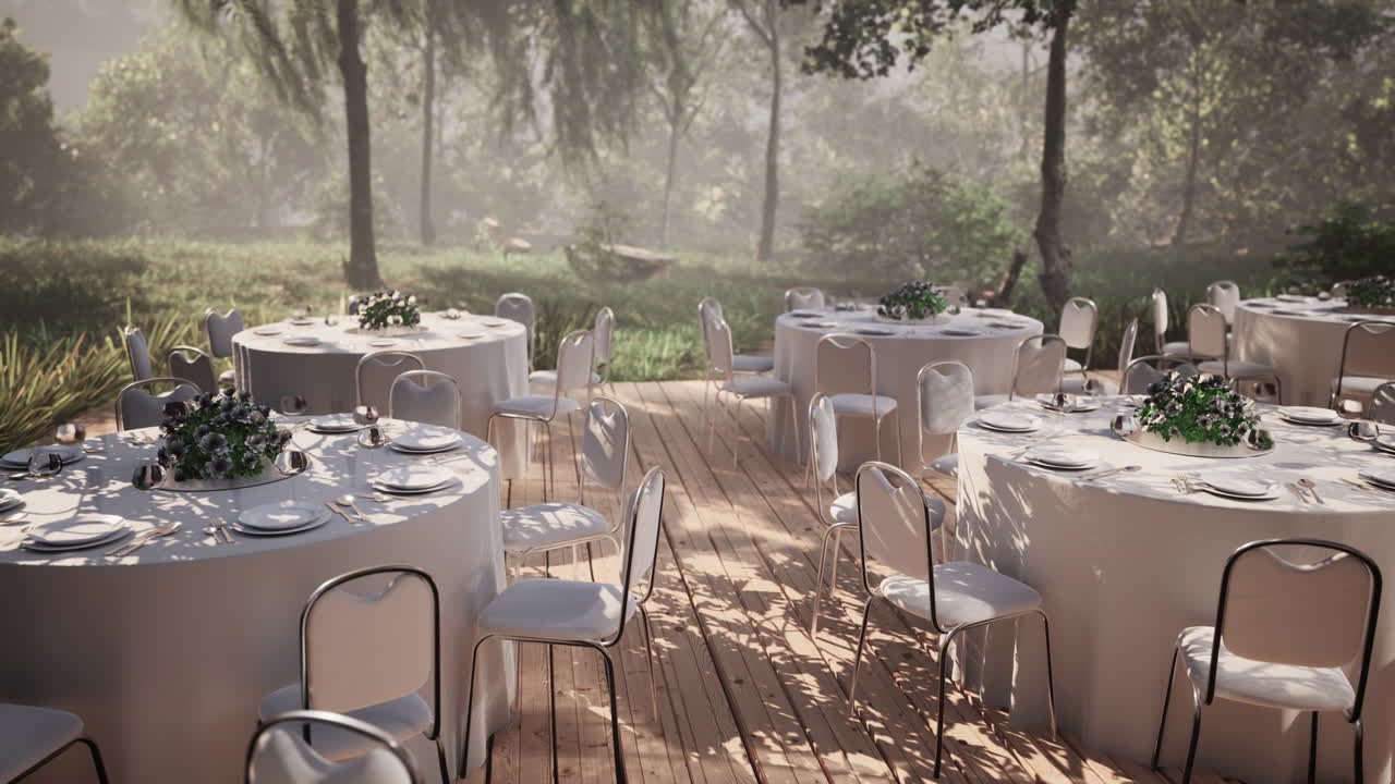 empty wicker table and chair in outdoor restaurant forest garden