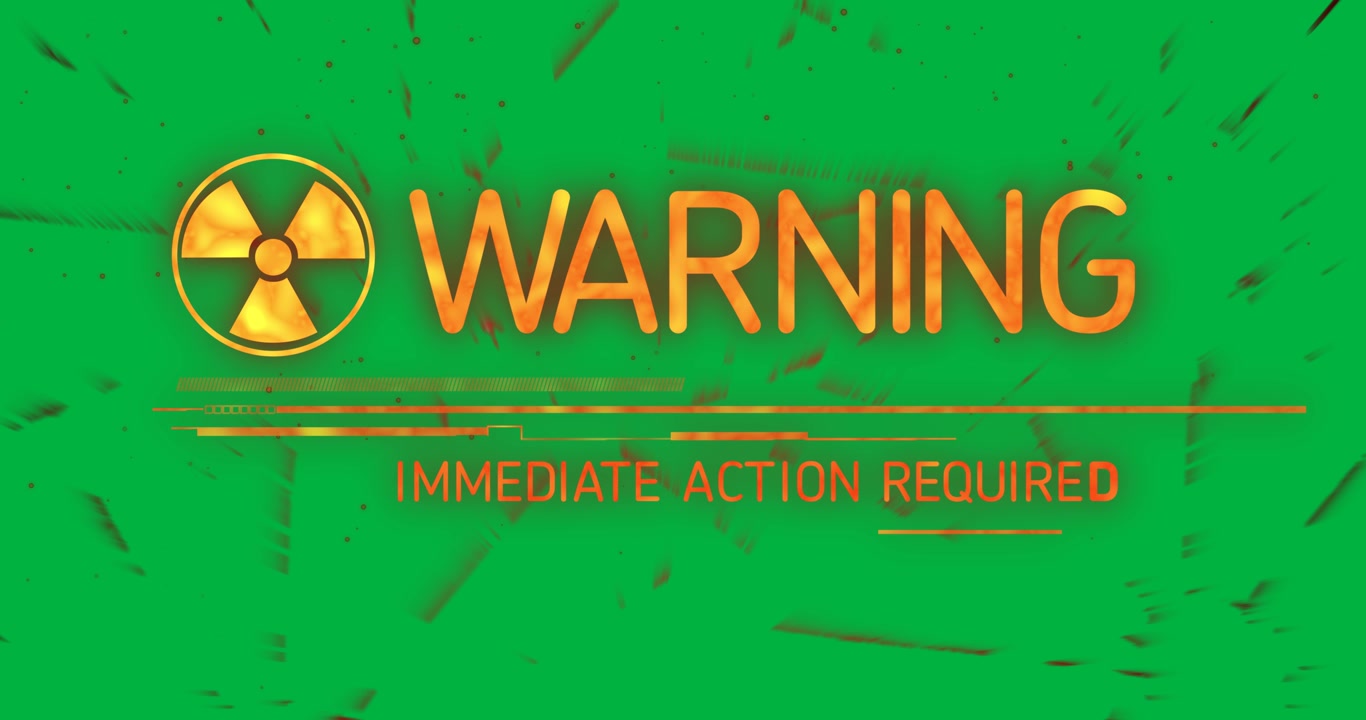 Animation of warning text and nuclear symbol on transparent background