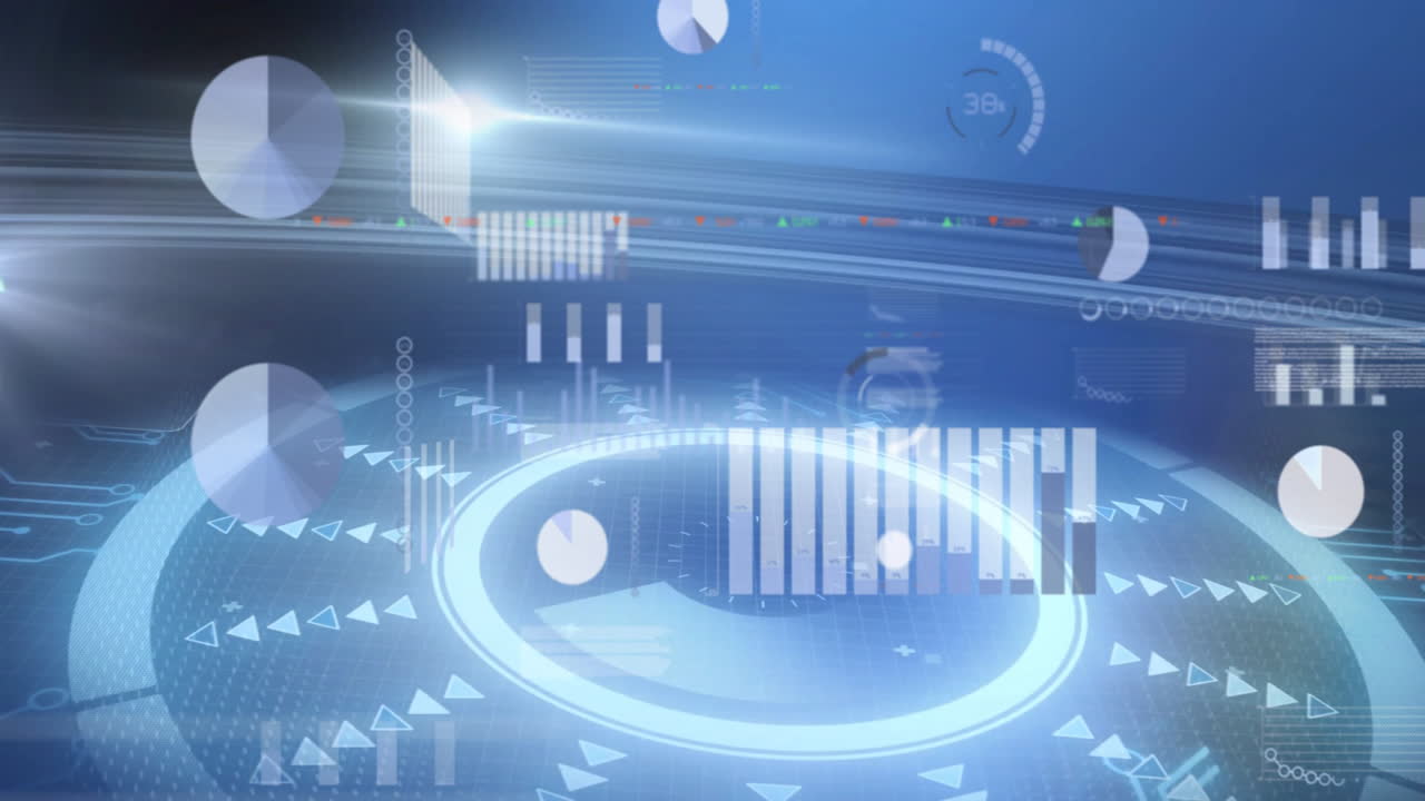 Animation of digital data charts and graphs floating over futuristic blue background