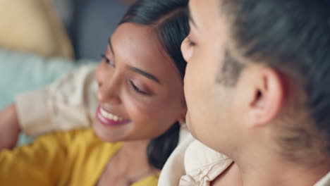 couple, kiss and hug on sofa for love