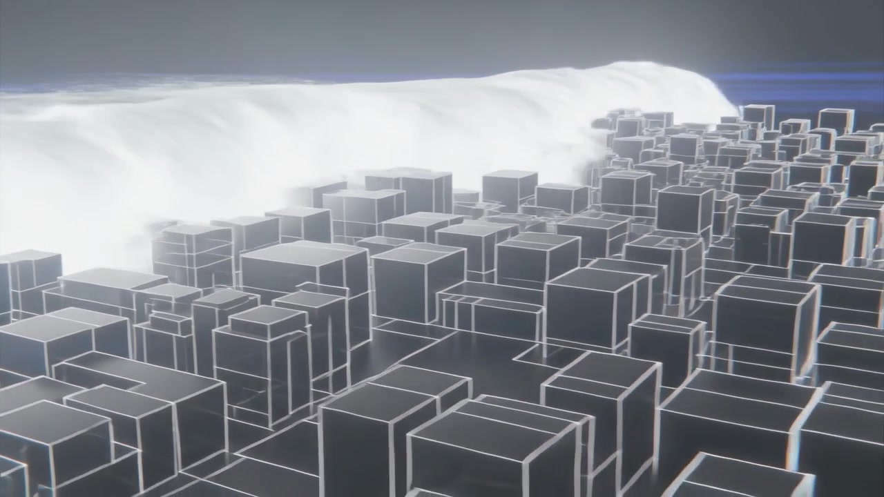 Onda luminosa impetuosa che avanza dall'orizzonte, inghiottendo una griglia di blocchi cuboidi con un debole bordo blu