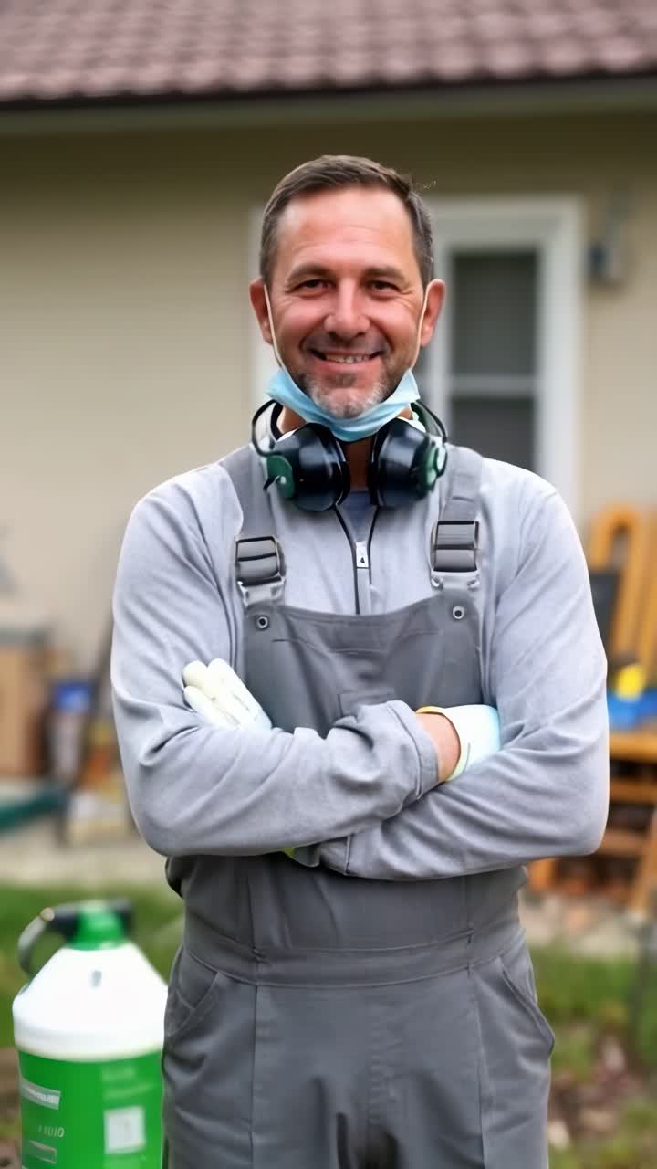 A male exterminator standing confidently with his arms crossed, smiling and looking at the camera