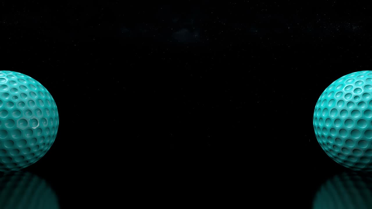 3D-ontwerp van golfballen op een donkere achtergrond. Loopanimatie van rollende golfballen op de achtergrond van het universum en sterren
