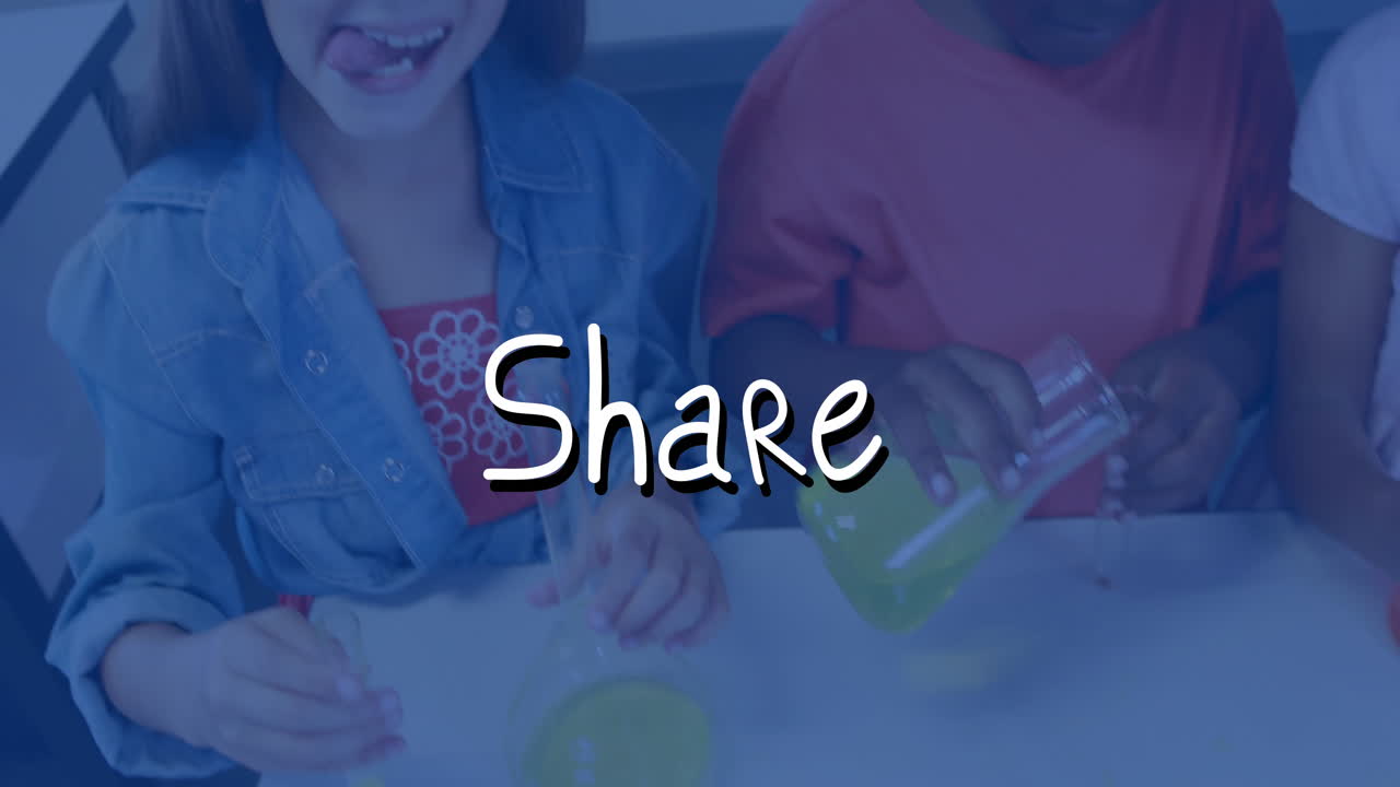 Wearing yellow safety glasses, child in school with animation text overlay