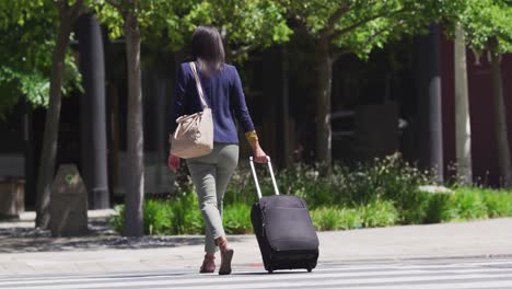 rear view of african american woman wearing face mask crossing road wheeling suitcase