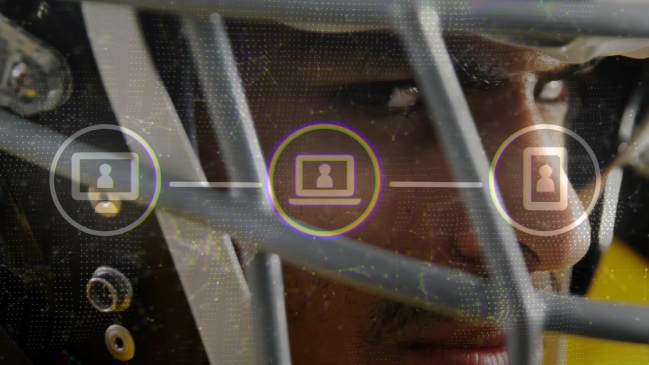 Helmeted player focusing thru bars, HUD forming, icons linking, center glowing, showing device sync