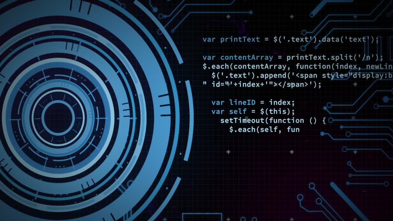 Animation of data processing and scope scanning over computer circuit board on black background