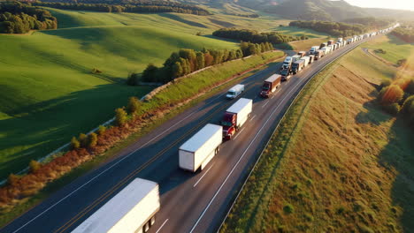 long convoy of semi-trucks on a rural highway at sunset
