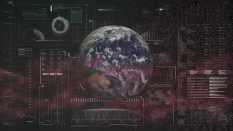 animation of globe, statistics and data processing over cityscape