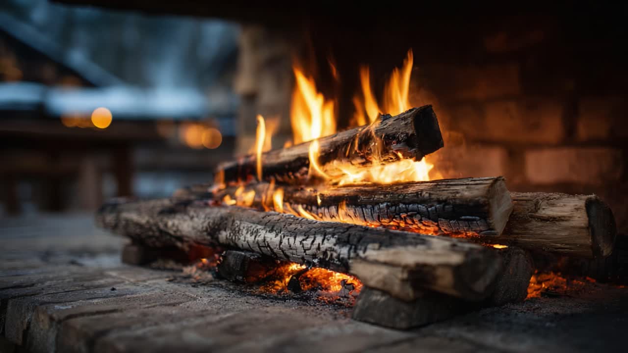 Majestic Flames Dance with the Logs: A Captivating Display of Warmth and Comfort from a Cozy Fire Pit Setting in Nature's Embrace