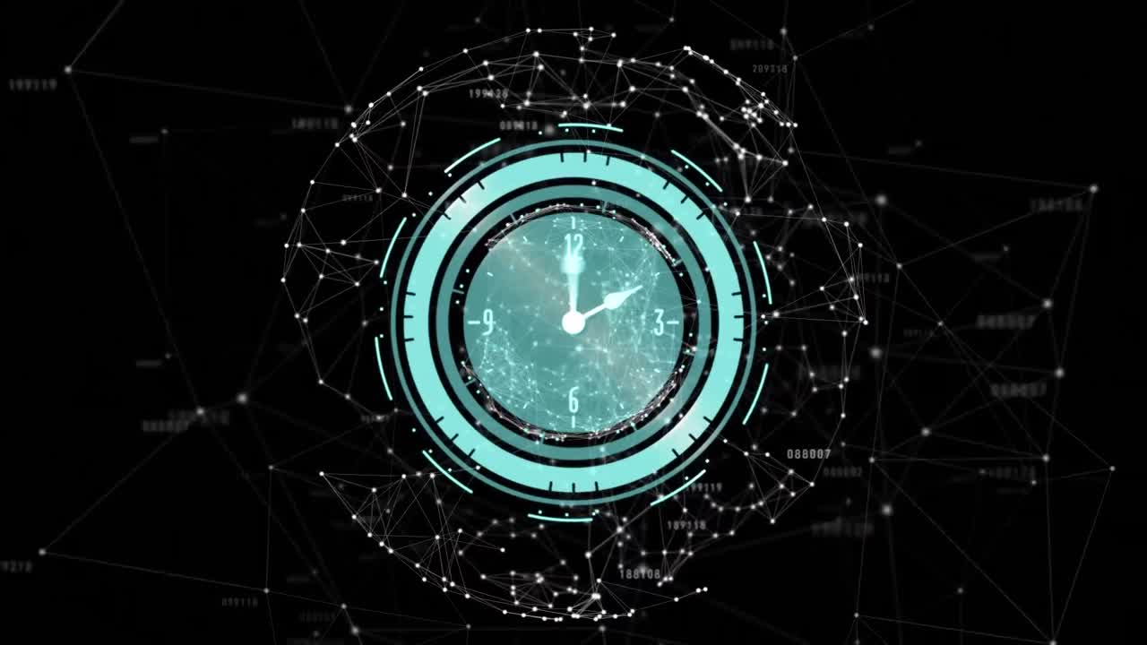 Animation of ticking clock and globe of network of connections against black background