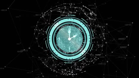 Animation-of-ticking-clock-and-globe-of-network-of-connections-against-black-background