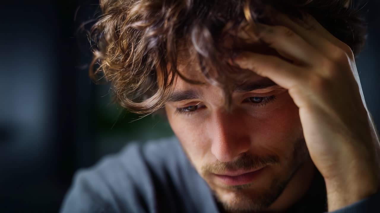Un uomo immerso nei suoi pensieri, che mostra segni di angoscia e vulnerabilità, con i capelli arruffati e la fronte corrugata, che cattura l'essenza delle emozioni umane e dell'introspezione