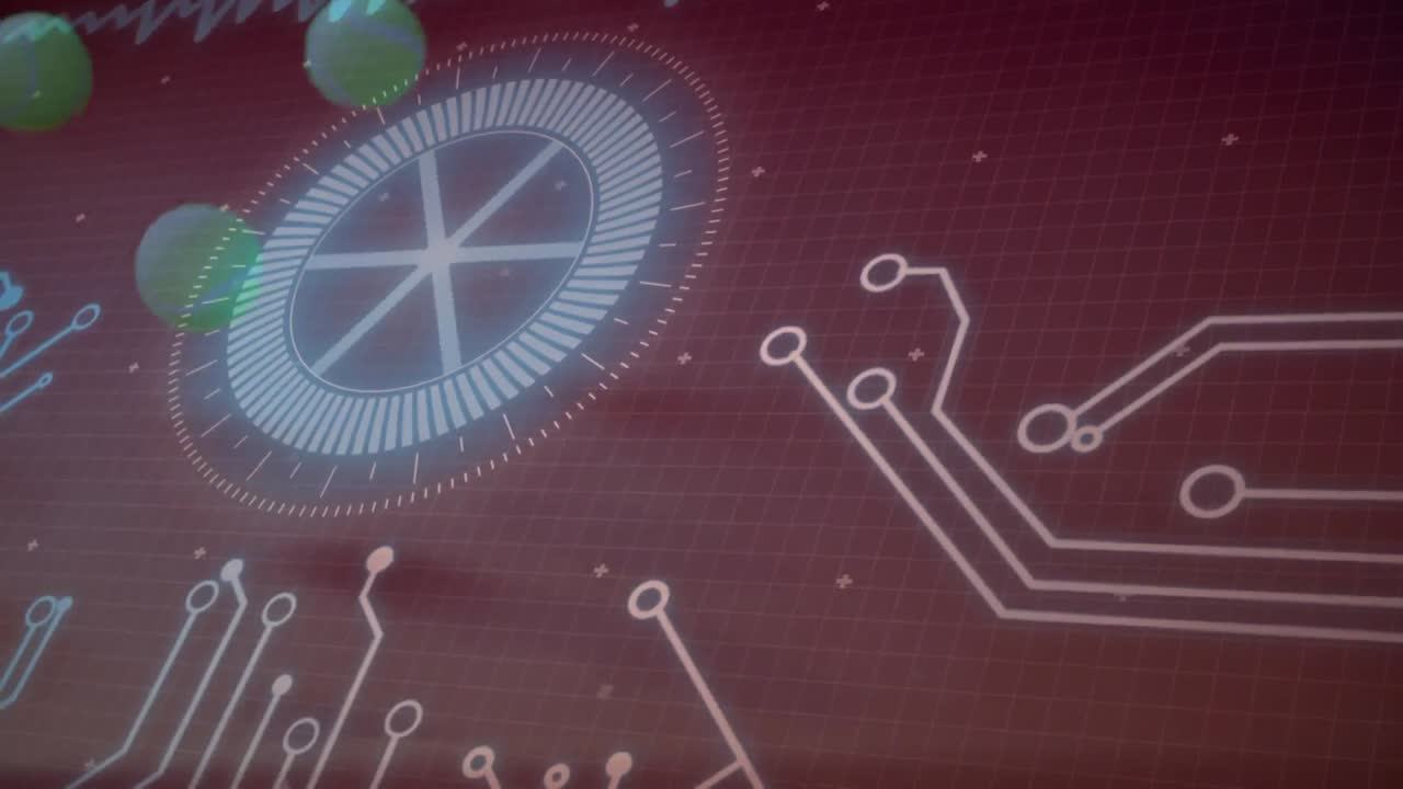 animación de placas de circuitos y procesamiento de datos sobre pelotas de tenis