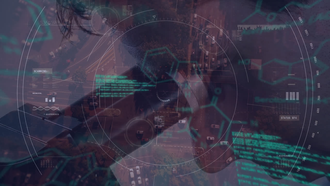 Animation of scope scanning and data processing over caucasian male scientist