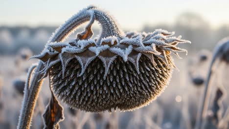 A Frost-Covered Sunflower Head Glimmers in the Morning Light, Showcasing Intricate Frost Patterns Against a Softly Blurred Background