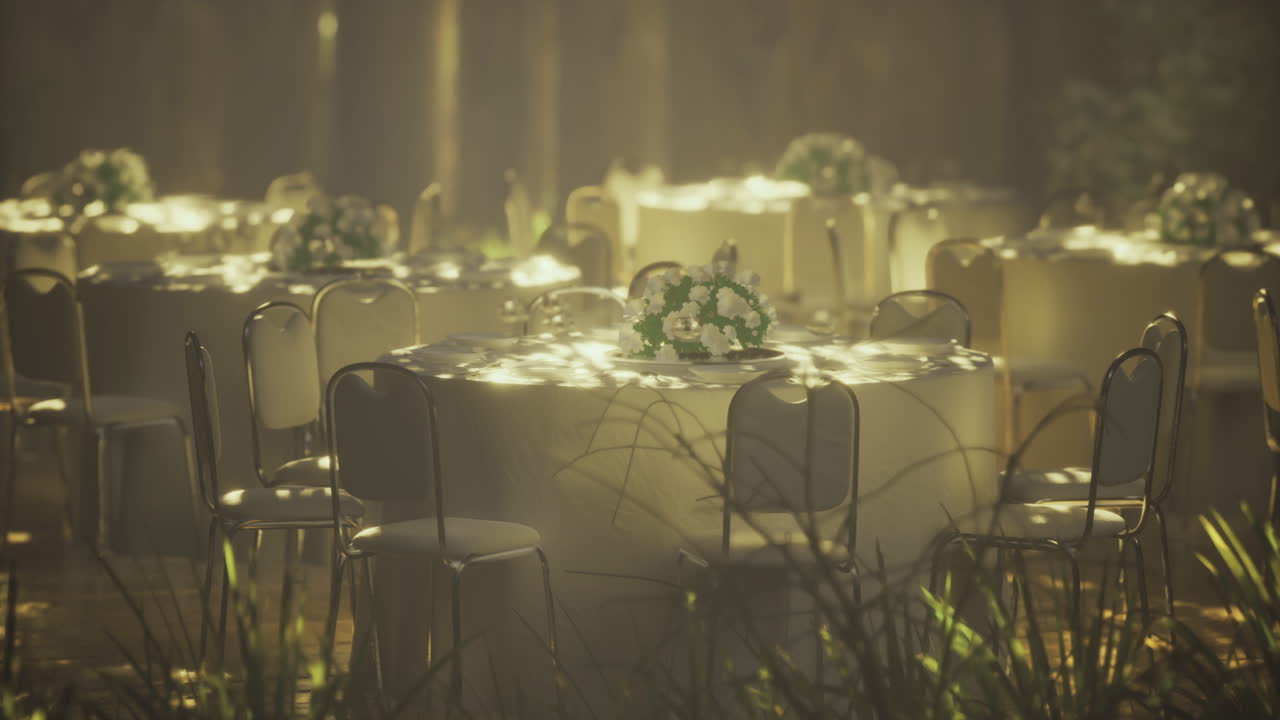Outdoor event setup with tables and floral arrangements in sunlight
