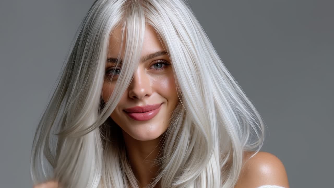 Ritratto di una bellissima giovane donna con lunghi capelli biondo platino che guarda la fotocamera in studio.