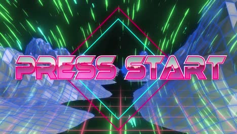 animation of press start text and square shapes moving amidst mountains against loop neon lights