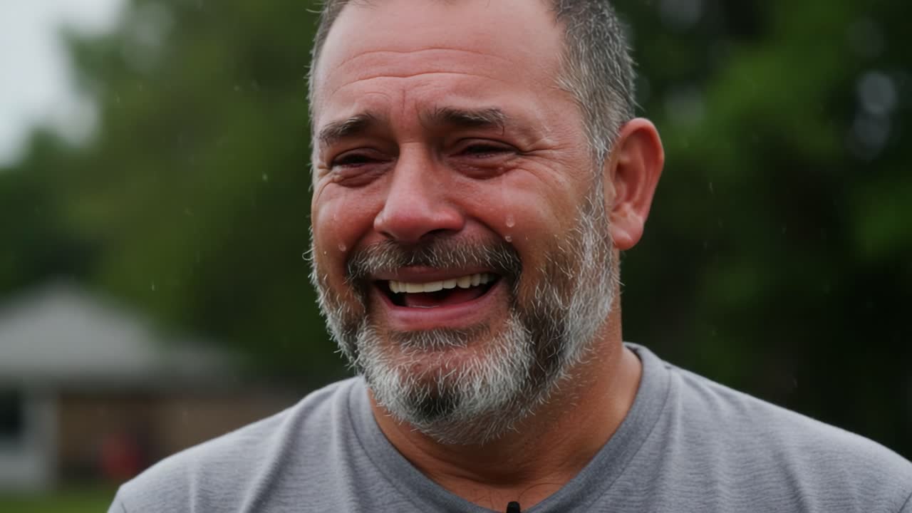 Emotional Transformation: A Journey Through Tears and Laughter Captured in Two Framing Moments of Heartfelt Expression Amidst Rainy Backdrop
