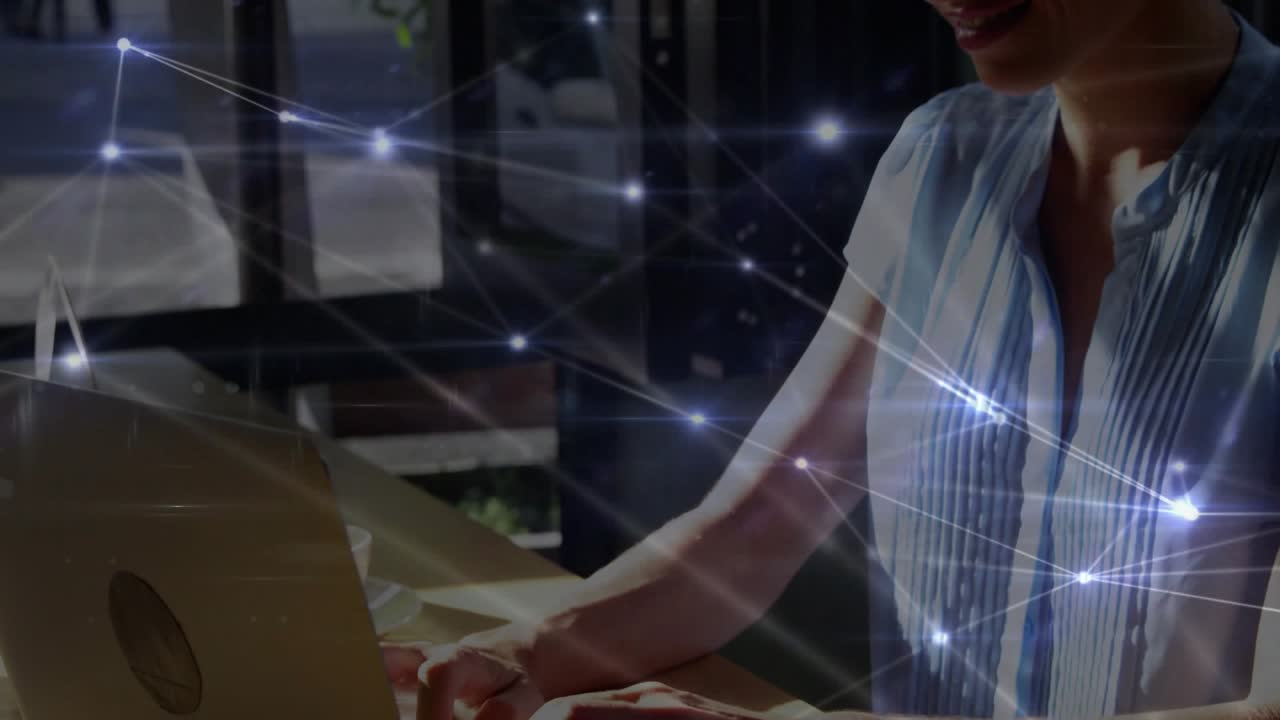 Woman developer typing on laptop in cafe, developing tech product and activating network nodes