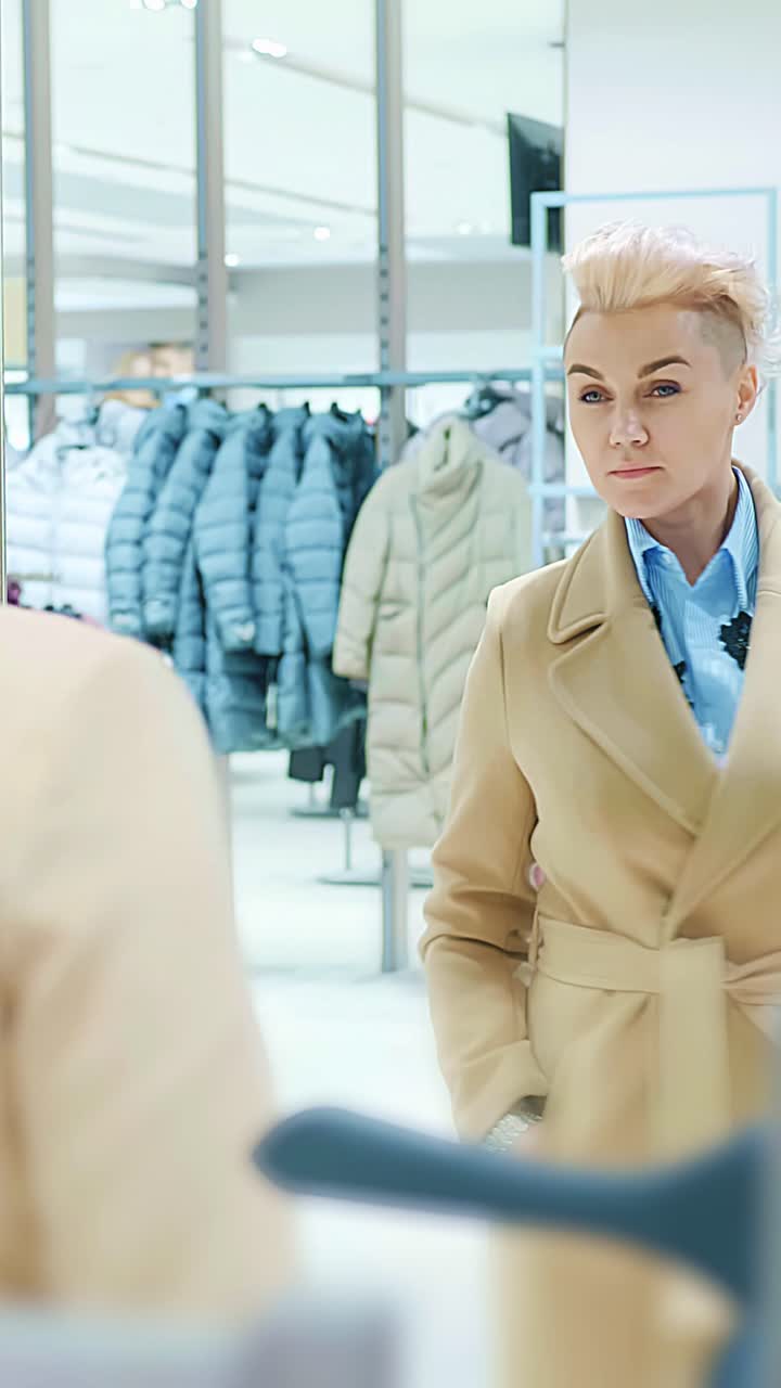 Kvinde prøver en beige frakke i en tøjbutik