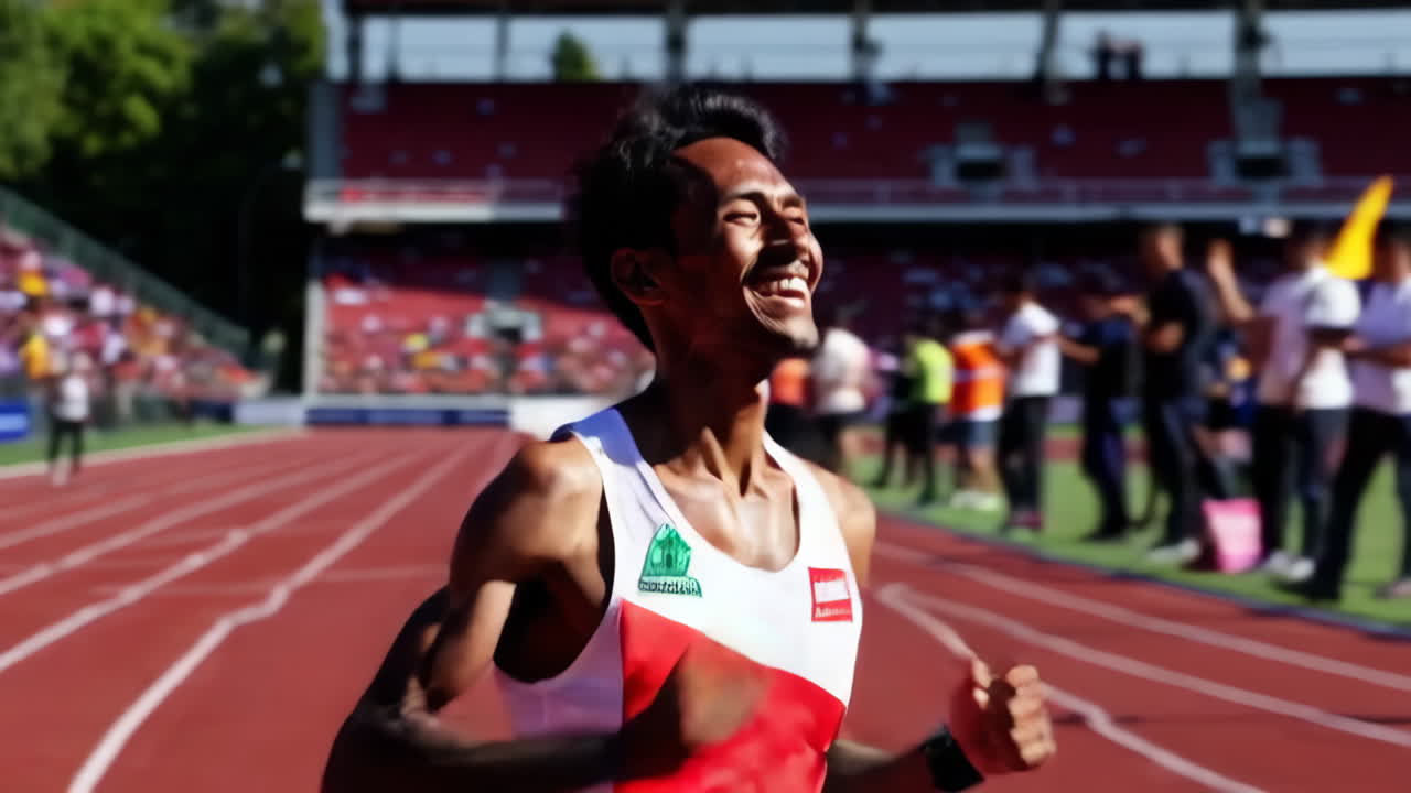 atleta celebrando la victoria en la competencia de atletismo