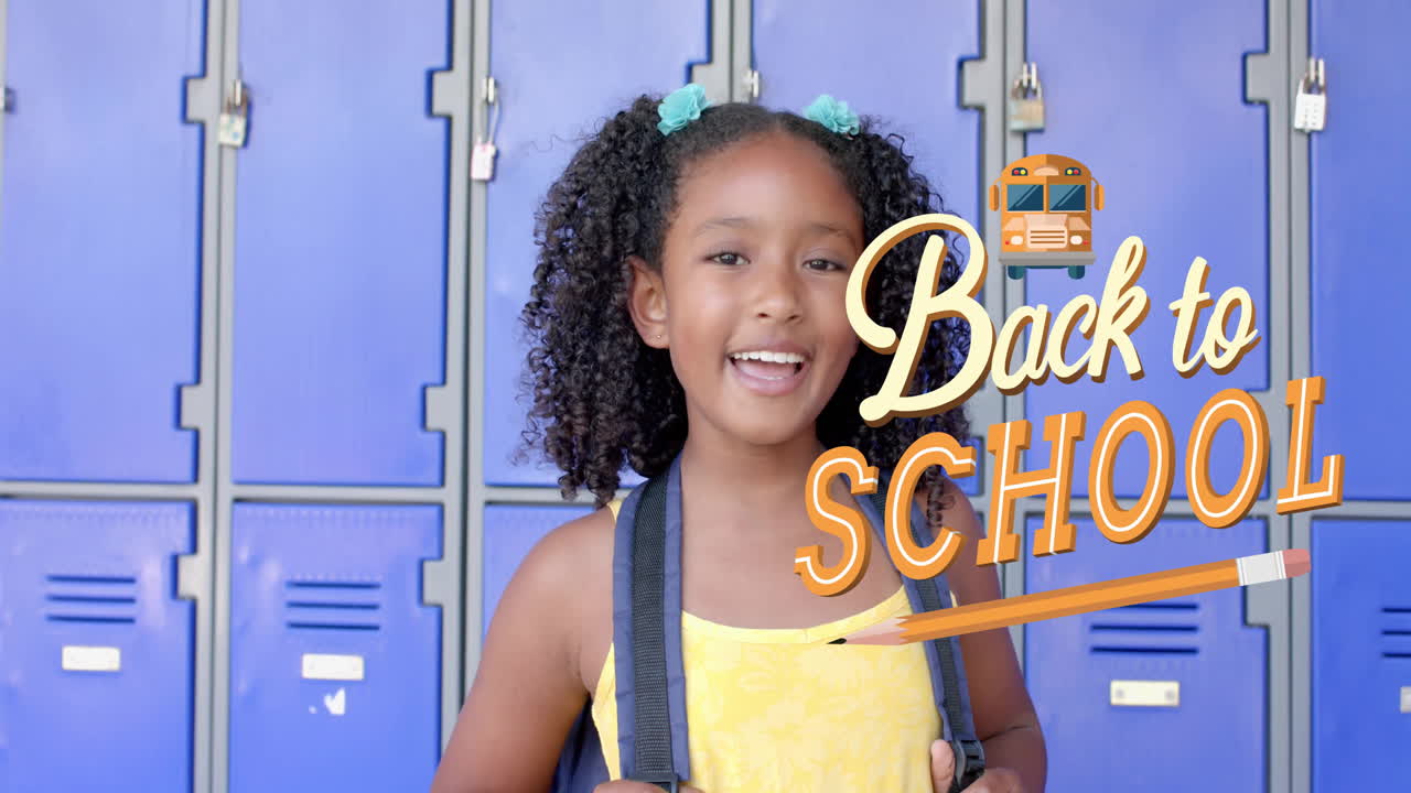 Animation of back to school text over biracial schoolgirl smiling