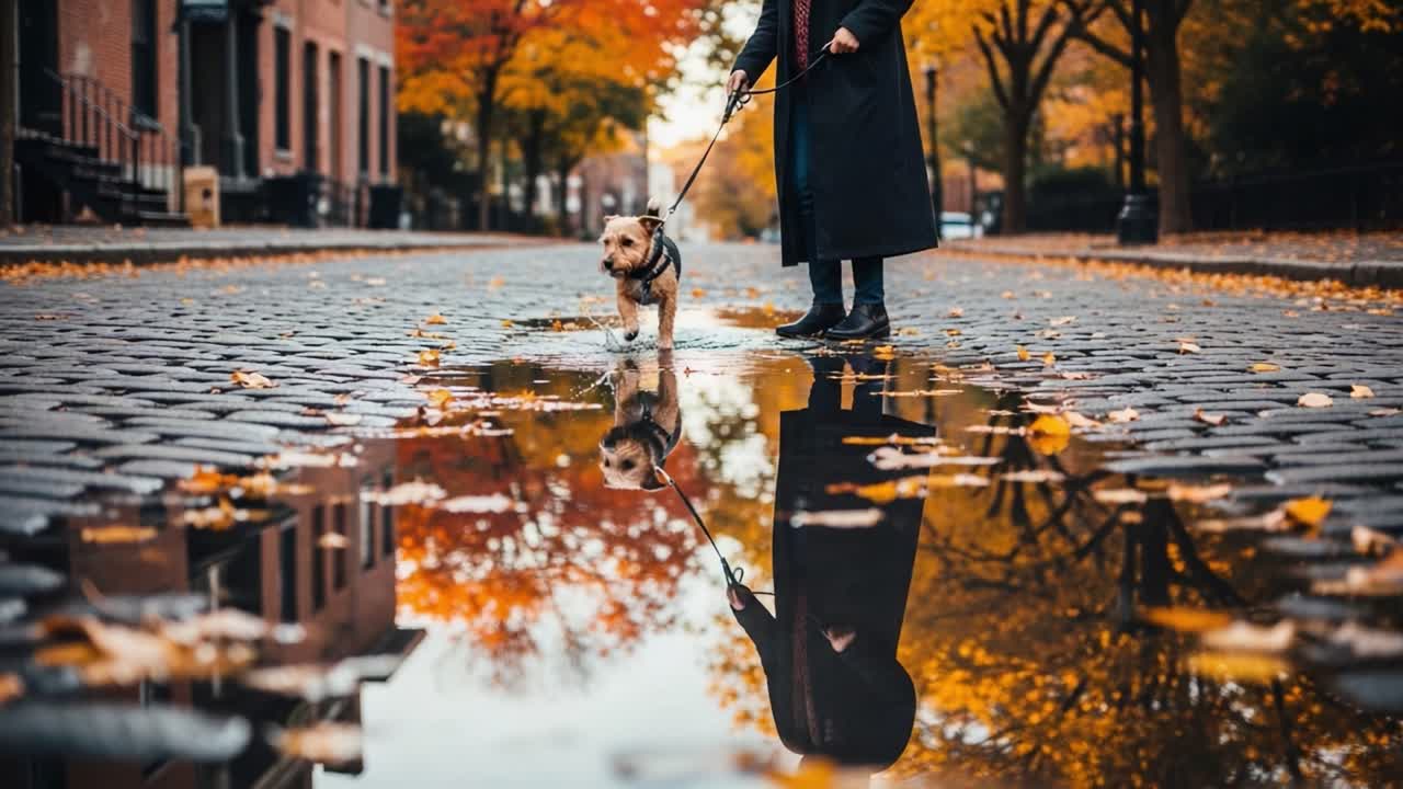A Serene Autumn Stroll: Exploring the Vibrant Paved Streets with a Playful Dog Against a Stunning Fall Backdrop Reflecting in Puddles