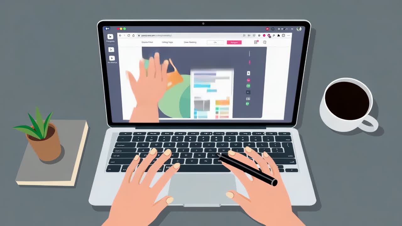 Arbejder på en bærbar computer med designsoftware og kaffe