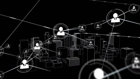 animación de redes de conexiones con iconos sobre el dibujo de la ciudad 3d girando sobre fondo negro