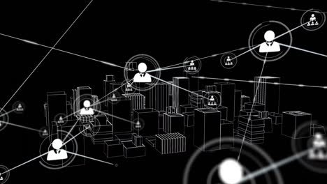 animation of networks of connections with icons over 3d city drawing spinning on black background