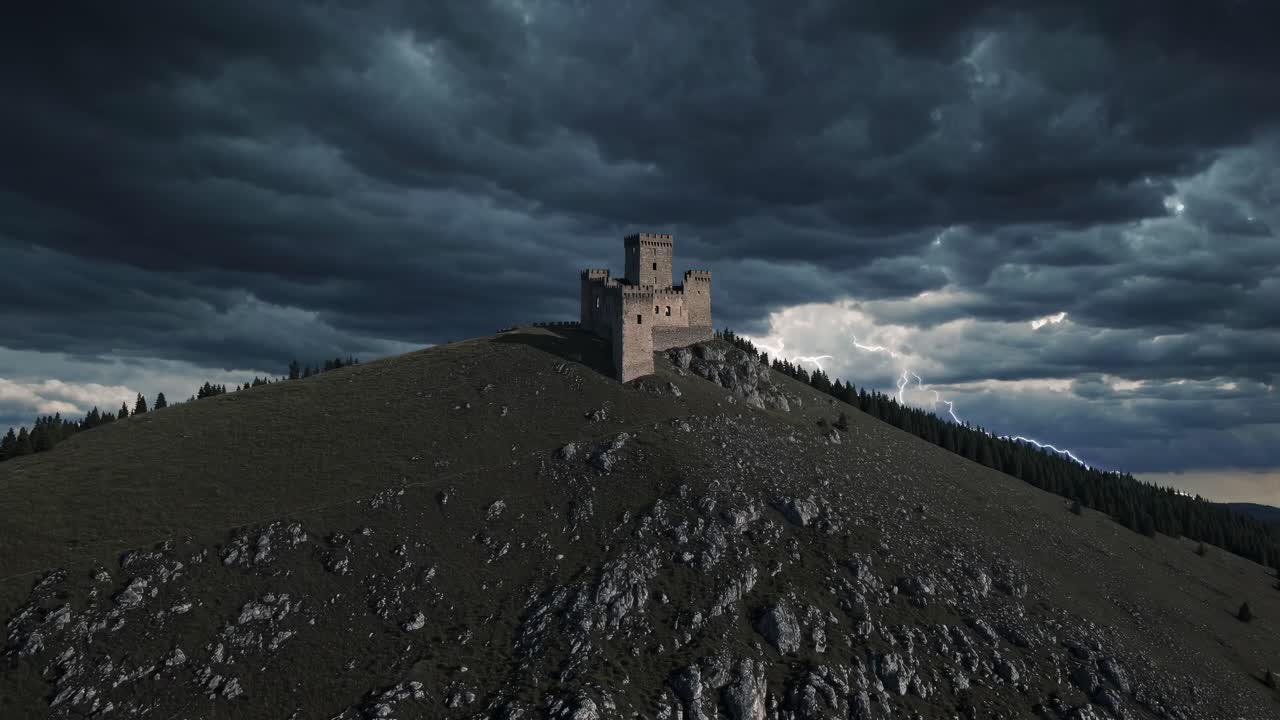 Dramatic video concept of a medieval castle on a hill under stormy skies