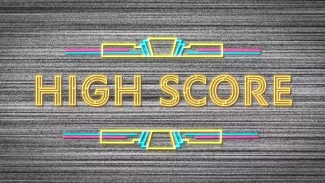 Animation-of-high-score-text-in-flickering-yellow-neon-sign-on-grey-streaked-background